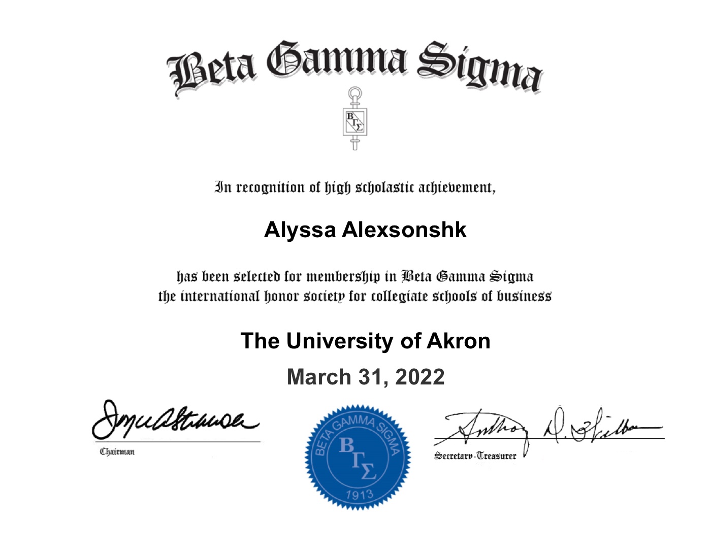 Beta Gamma Sigma — Business Honor Society (2022) certificate