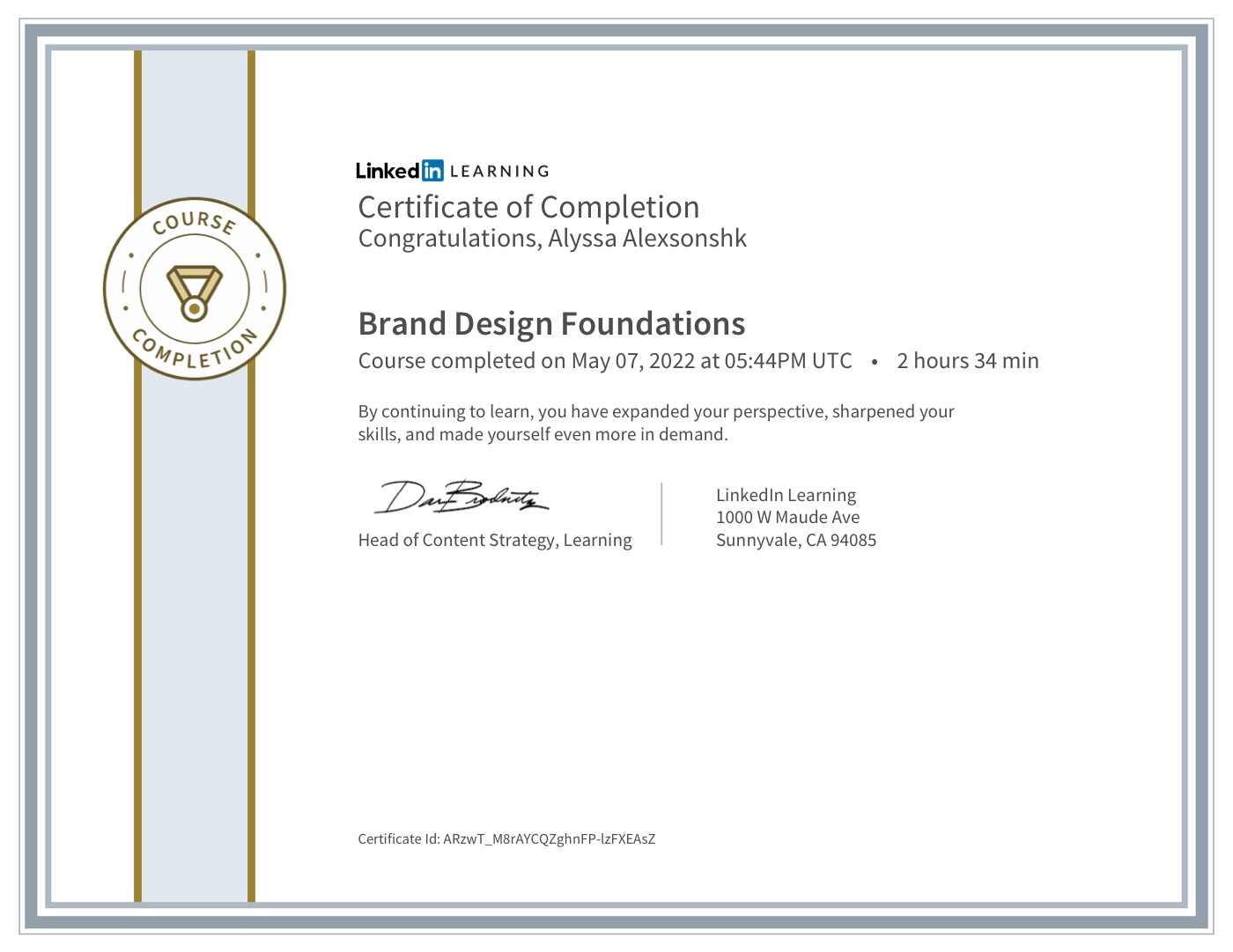 LinkedIn — Brand Design Foundations (2022) certificate