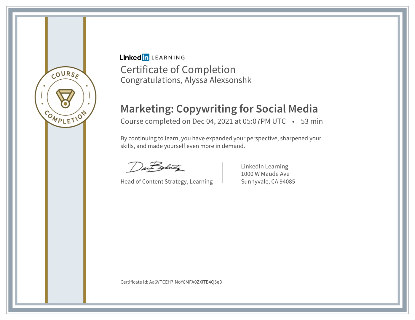 LinkedIn — Copywriting for Social Media (2021) certificate