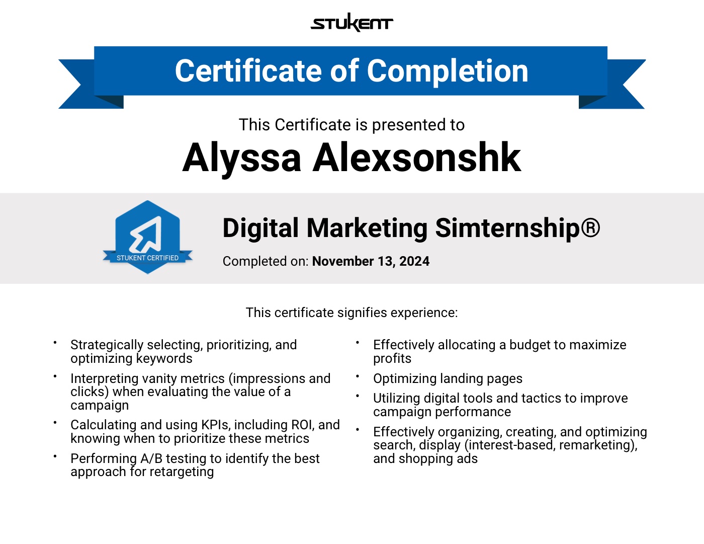 Stukent — Digital Marketing Simternship (2024) certificate