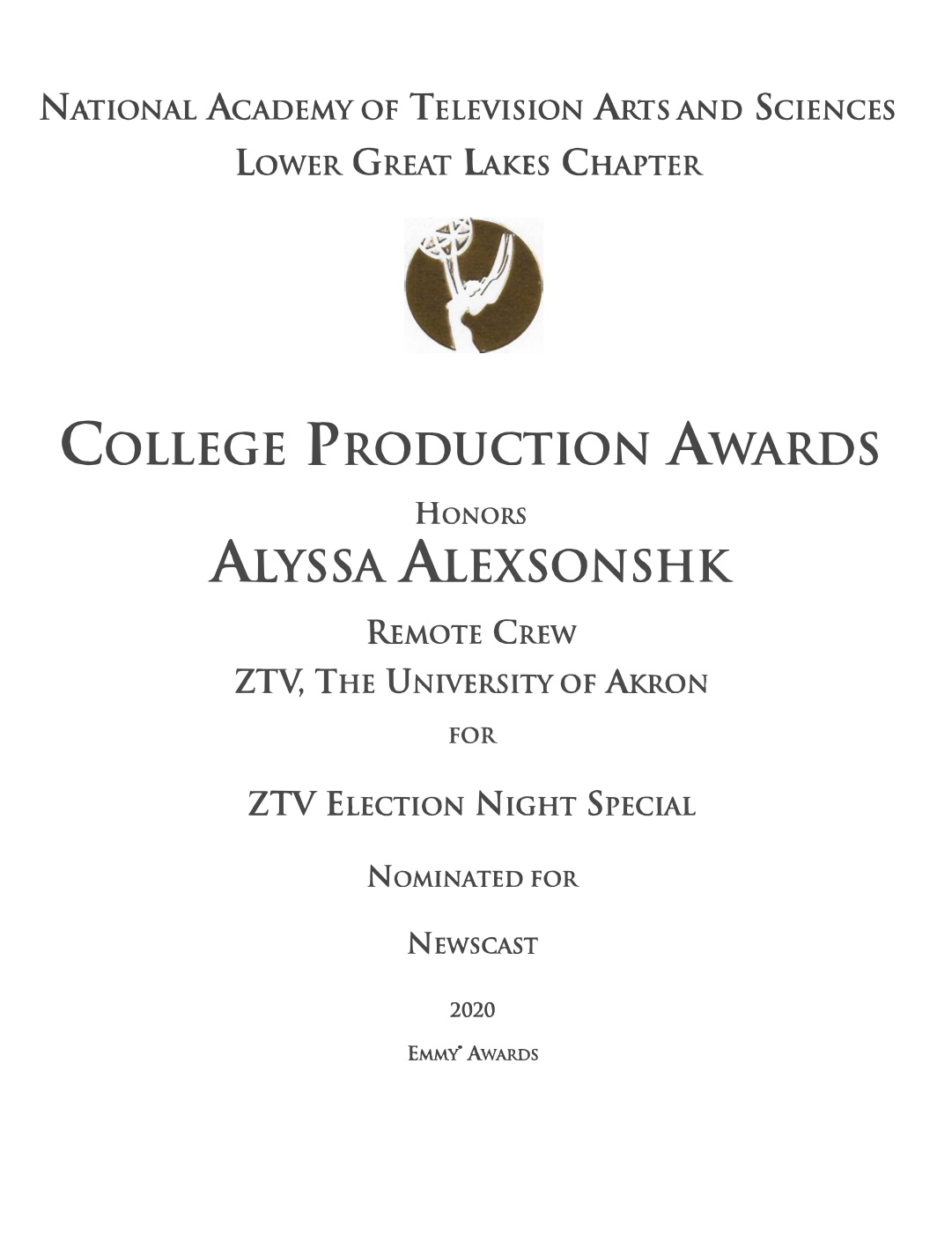 Student Emmy — Election Night Special (2020) certificate