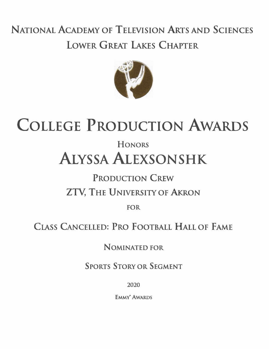 Student Emmy — Pro Football HOF (2020) certificate