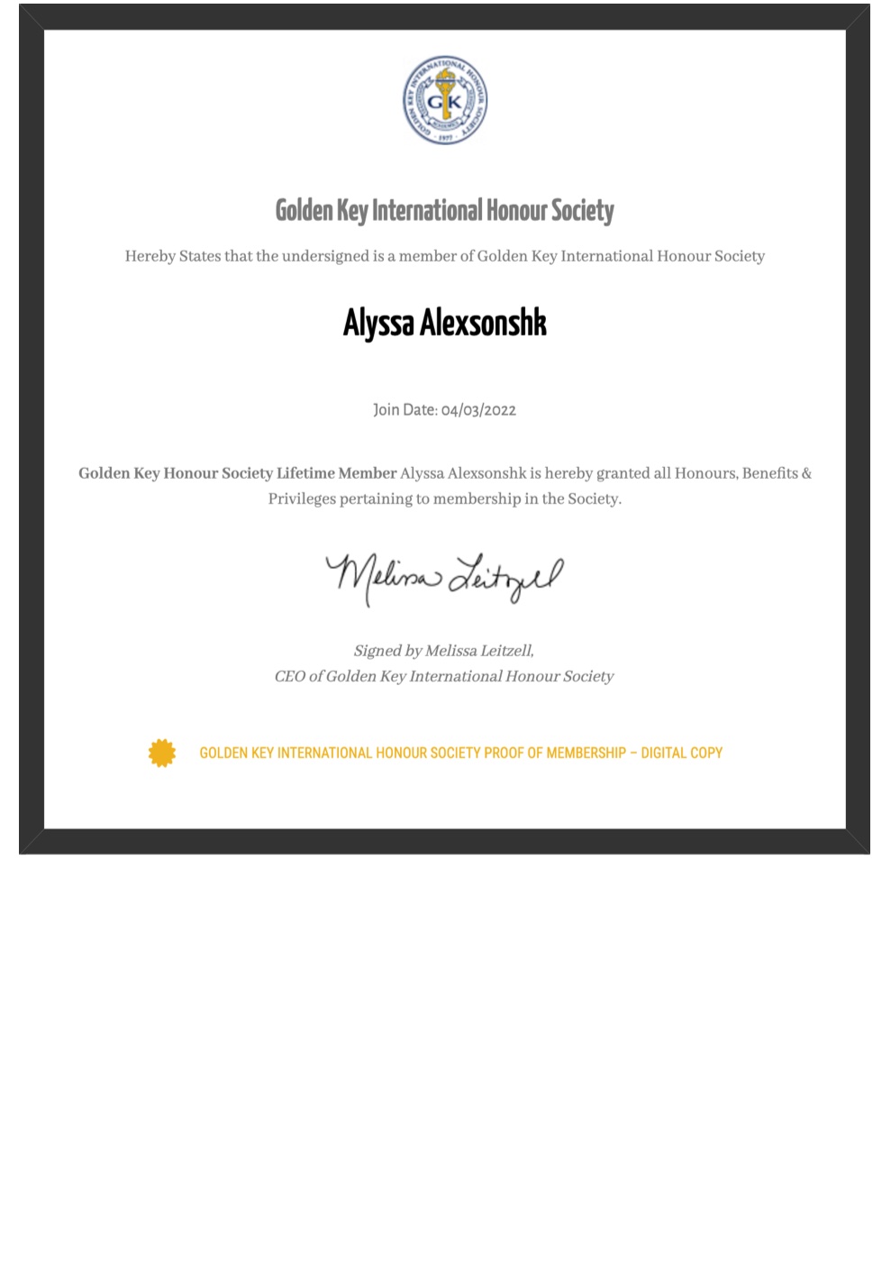 Golden Key Int’l Honour Society (2022) certificate