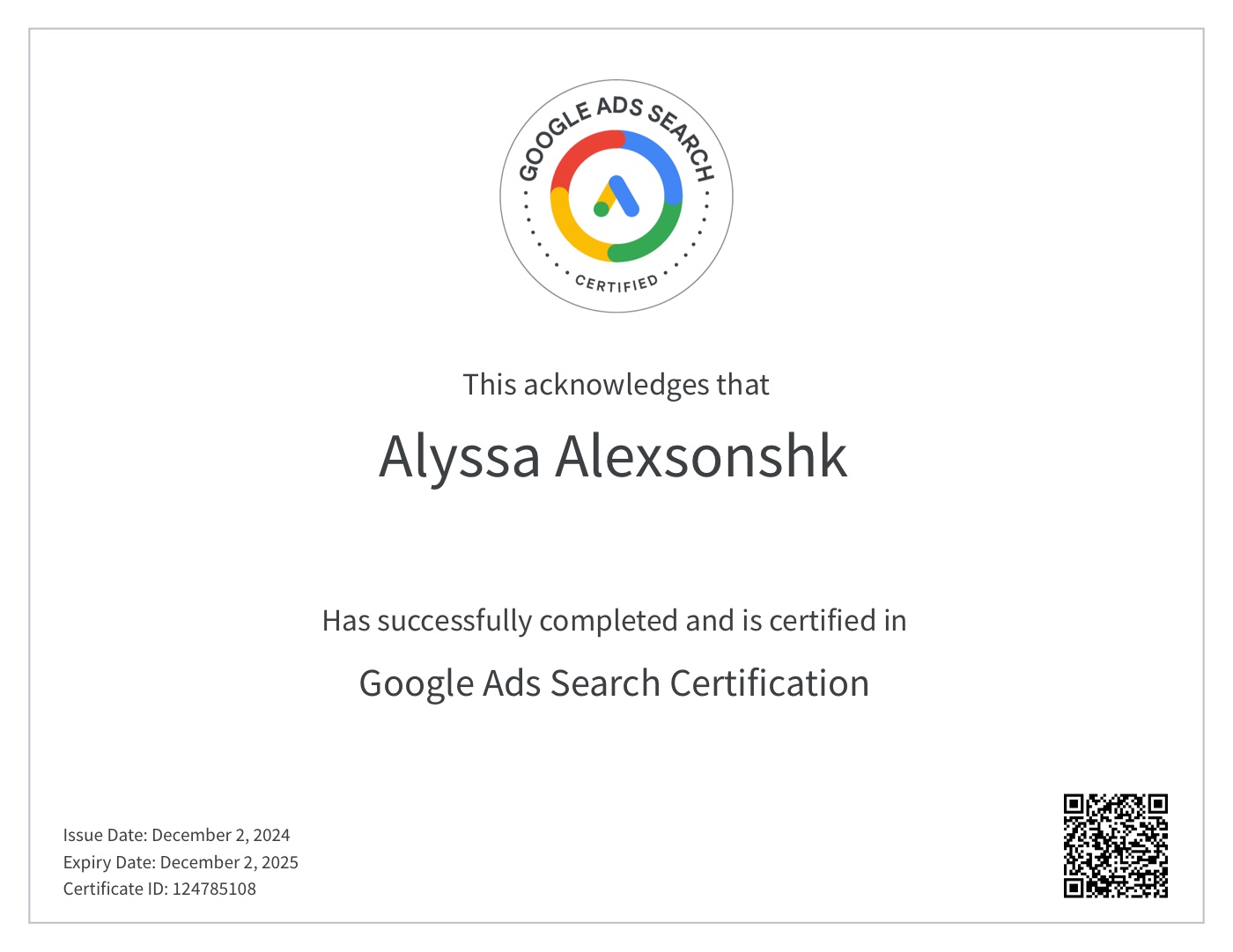 Google Ads Search Certification (2024) certificate