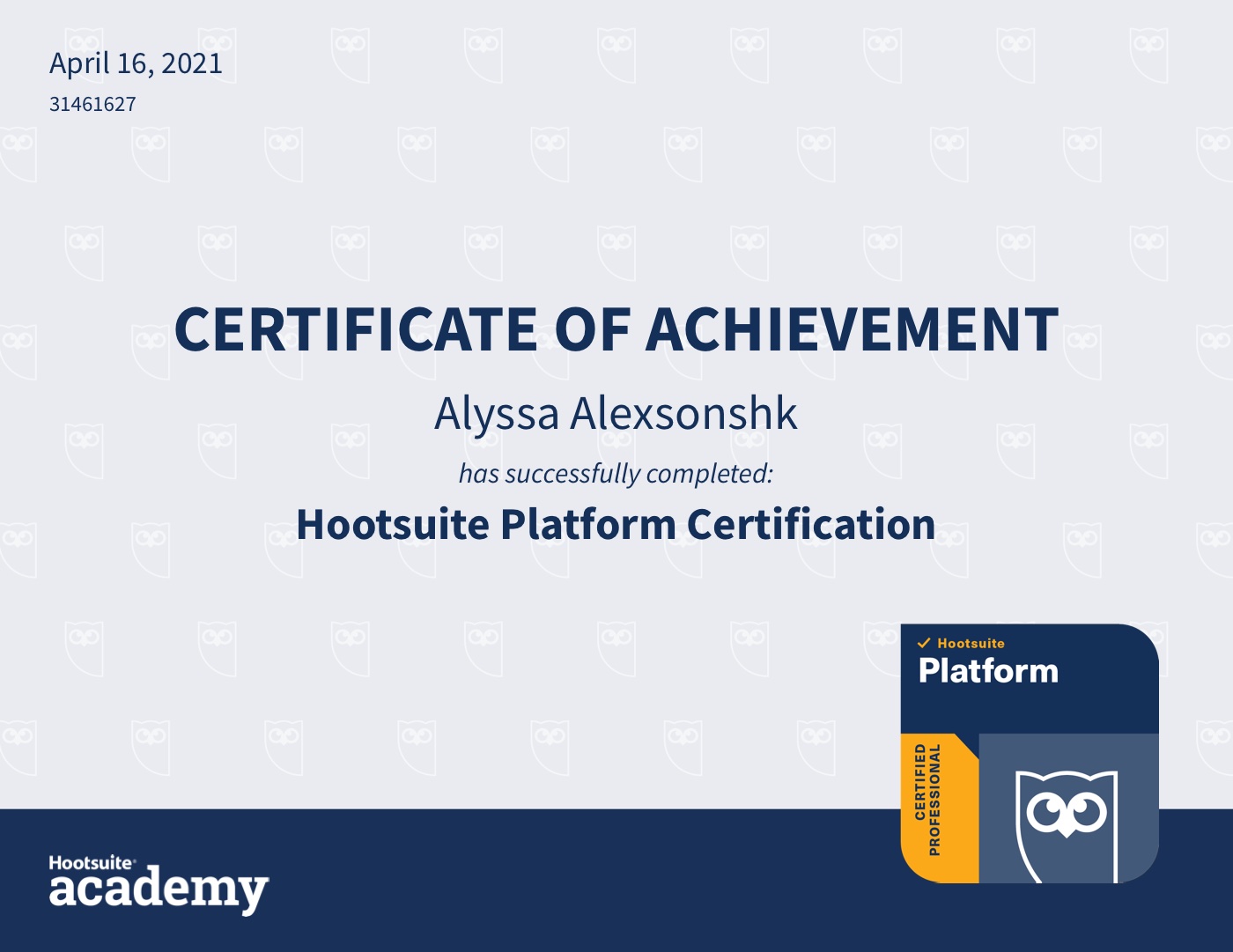 Hootsuite Platform Certification (2021) certificate