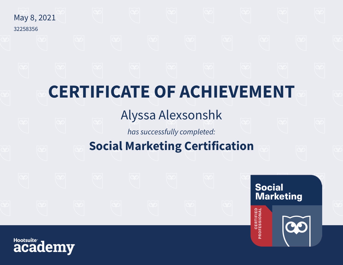 Hootsuite — Social Marketing (2021) certificate