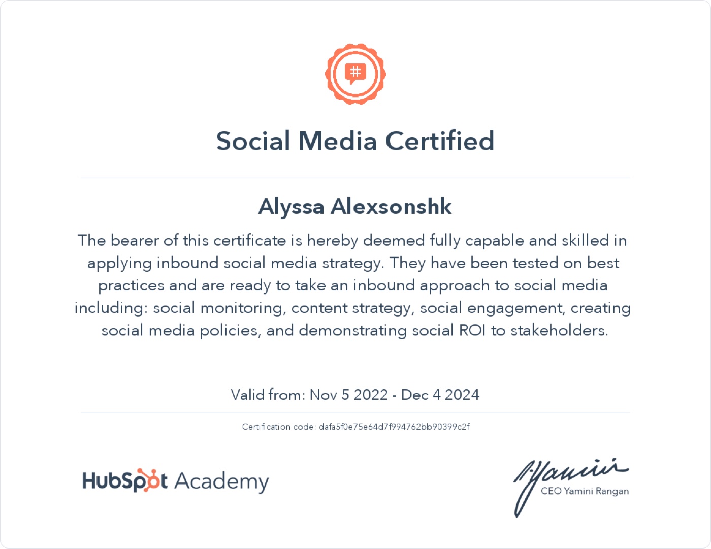 HubSpot — Social Media Certified (2022) certificate