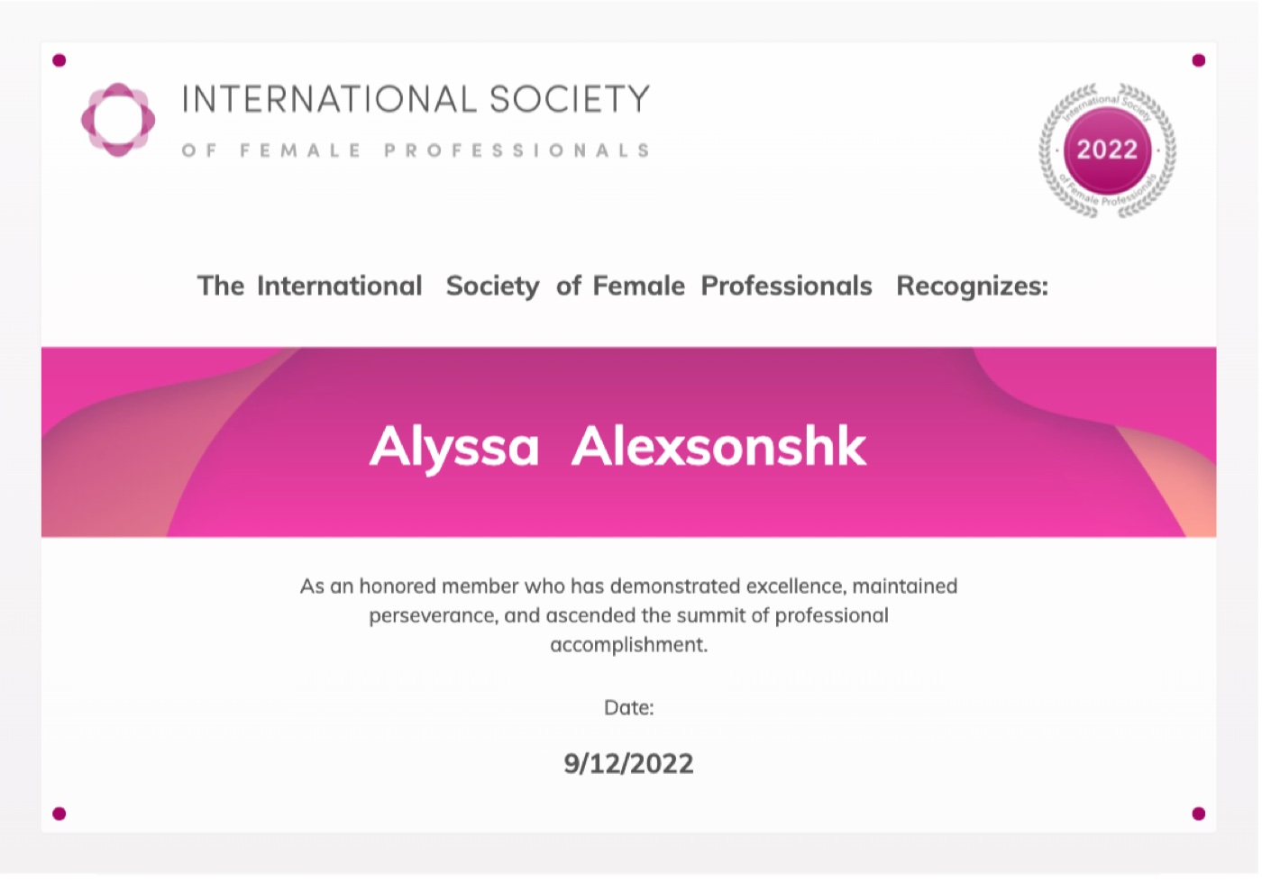 Int’l Society of Female Professionals (2022) certificate