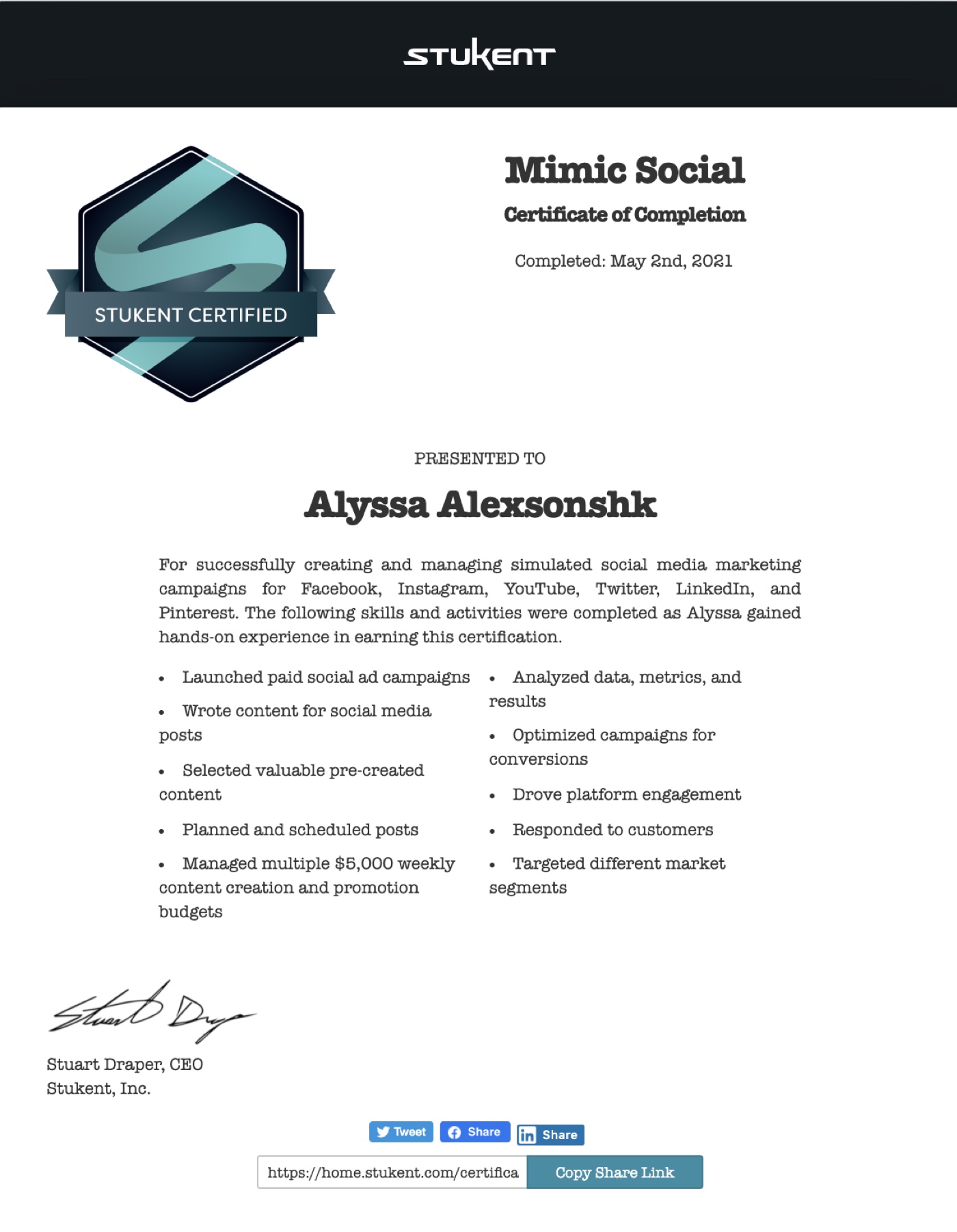 Stukent — Mimic Social Certificate (2021) certificate