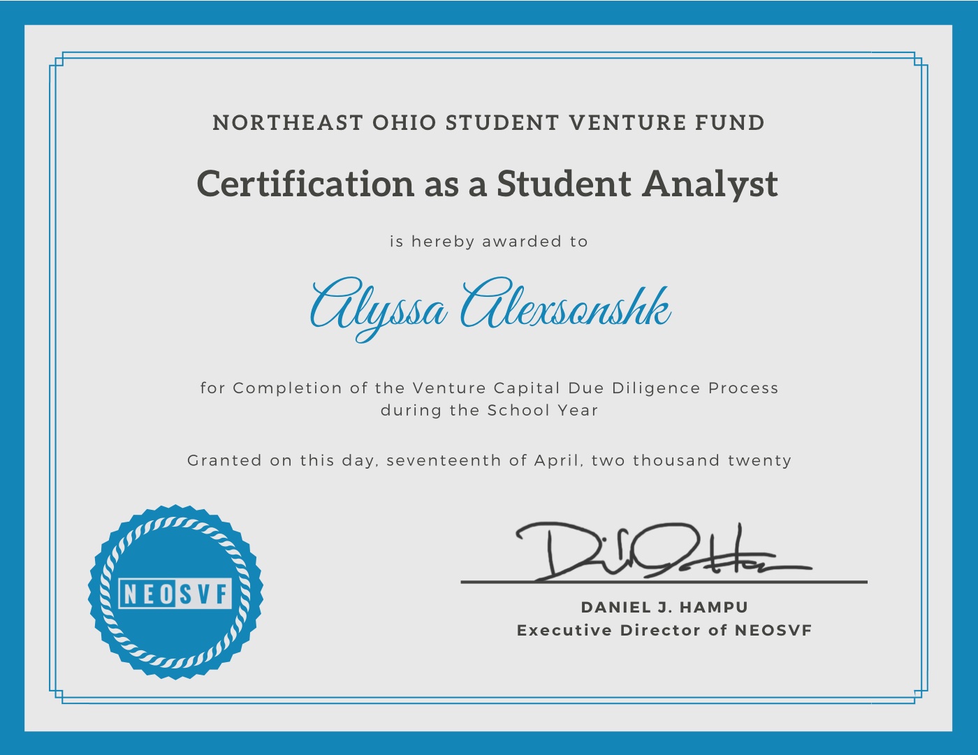 NEO Student Venture Fund — Analyst (2020) certificate