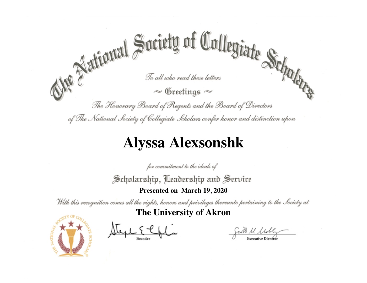 NSCS — National Society of Collegiate Scholars (2020) certificate