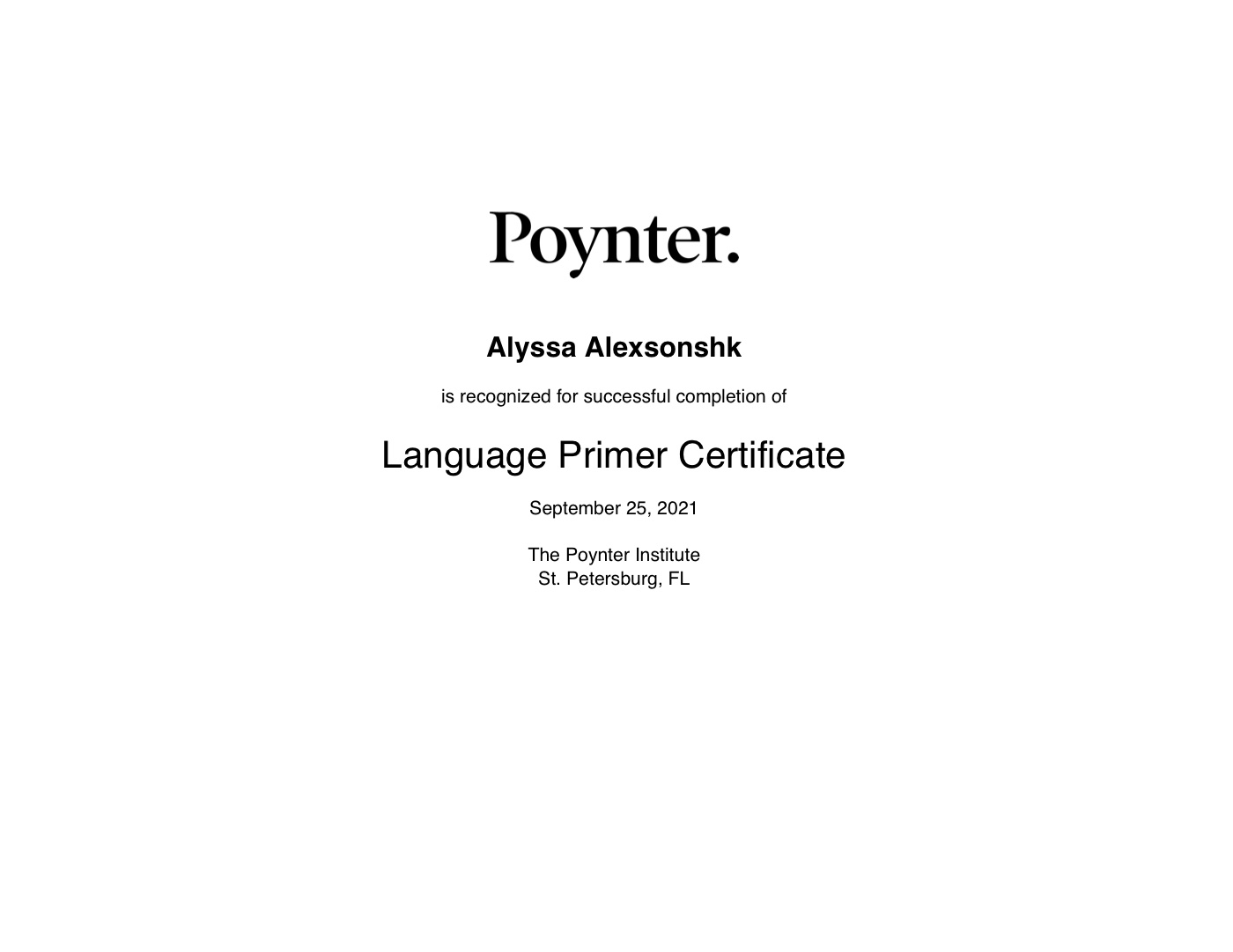 Poynter — Language Primer (2021) certificate