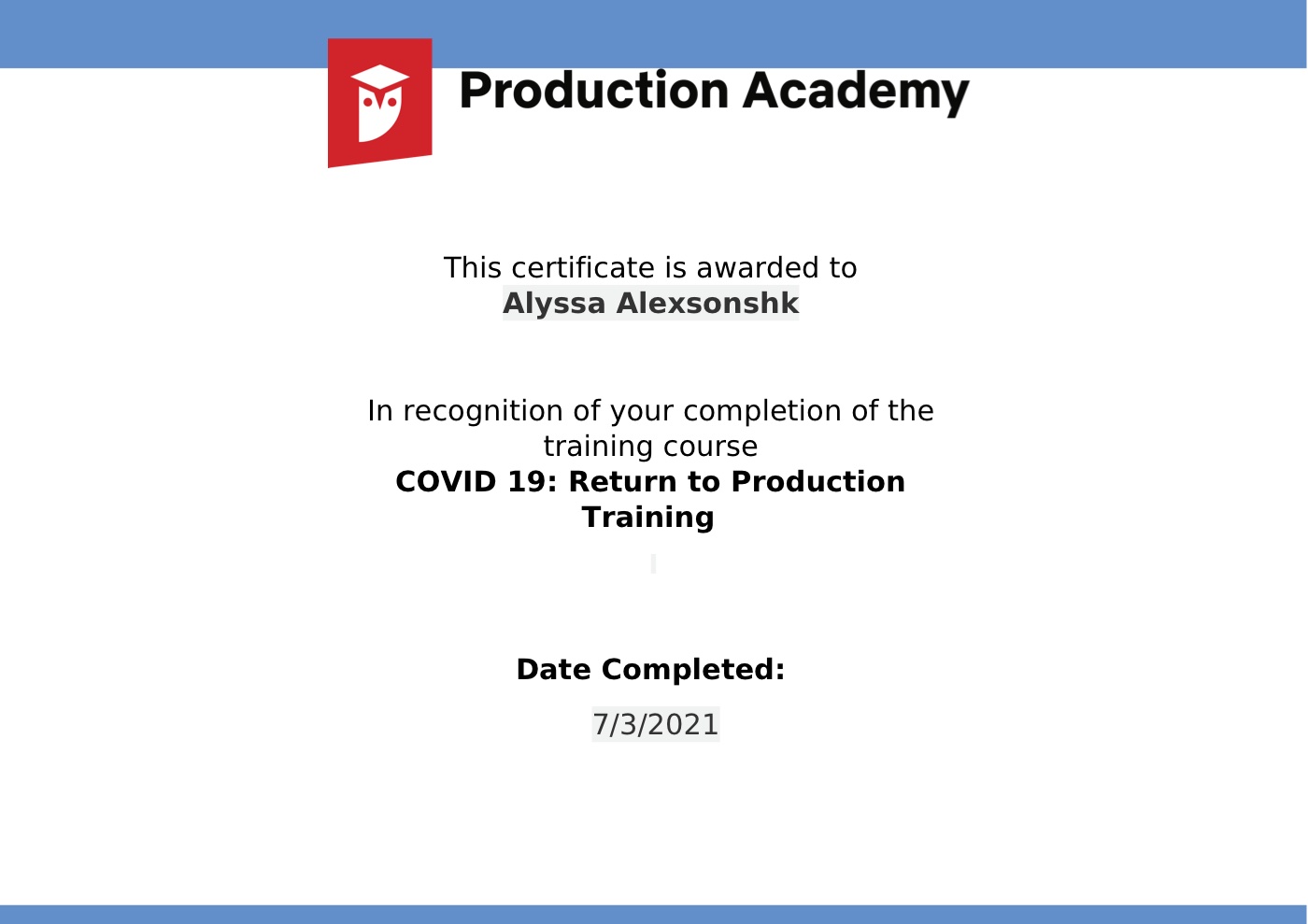 Production Academy — COVID-19 Training (2021) certificate