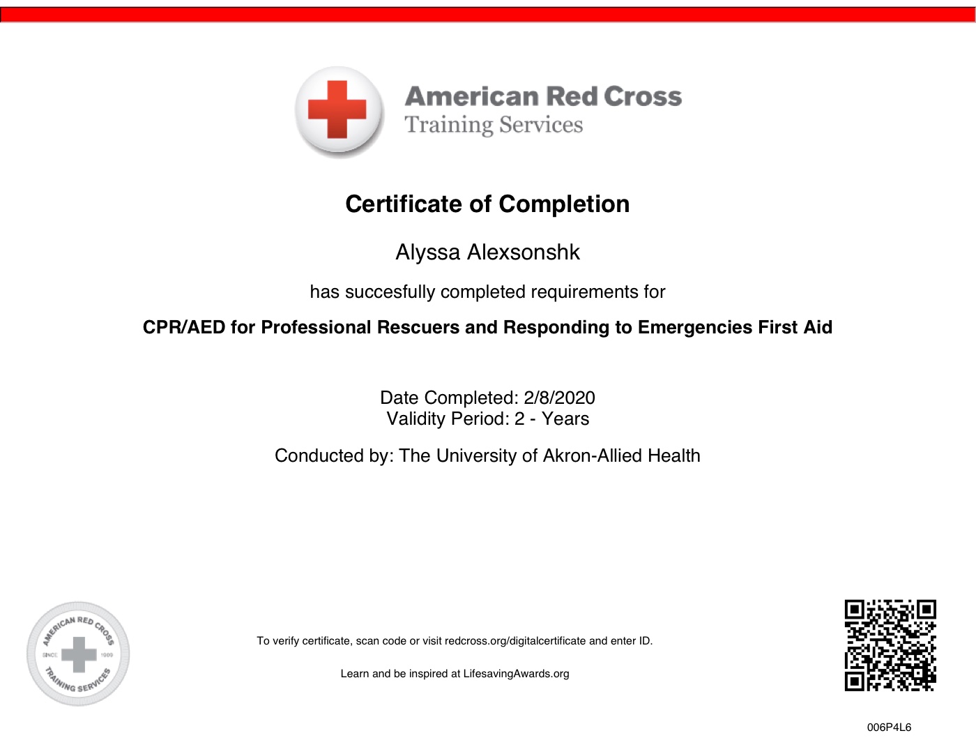 Red Cross — CPR/AED First Aid (2020) certificate