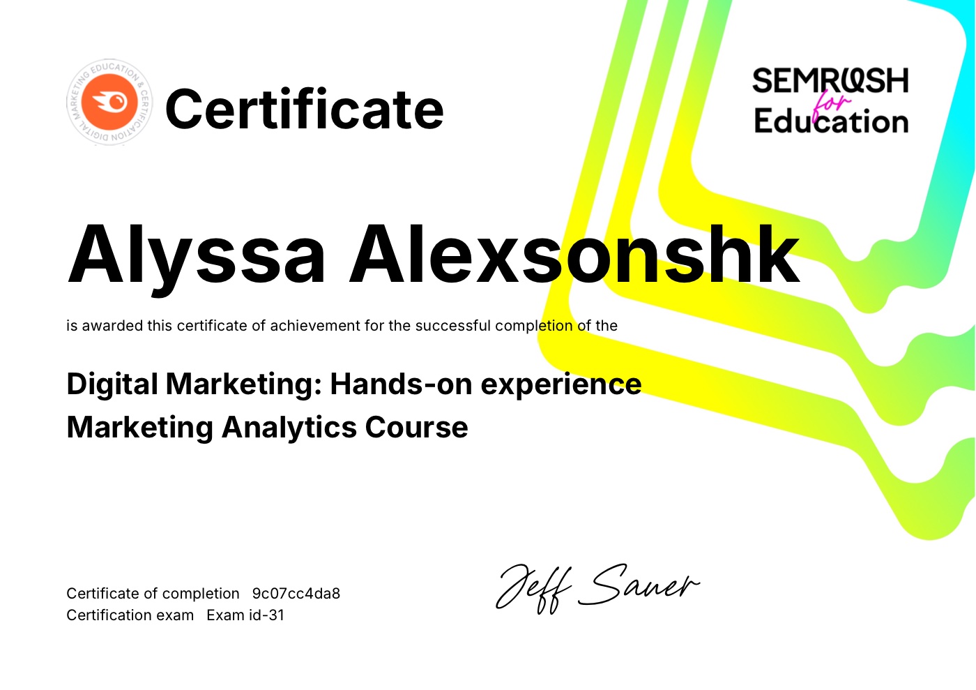 Semrush — Marketing Analytics (2024) certificate