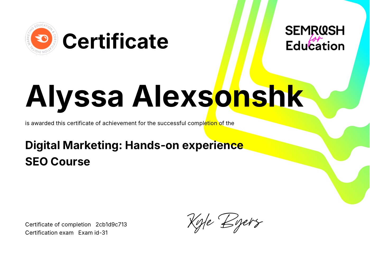 Semrush — SEO Certificate (2024) certificate