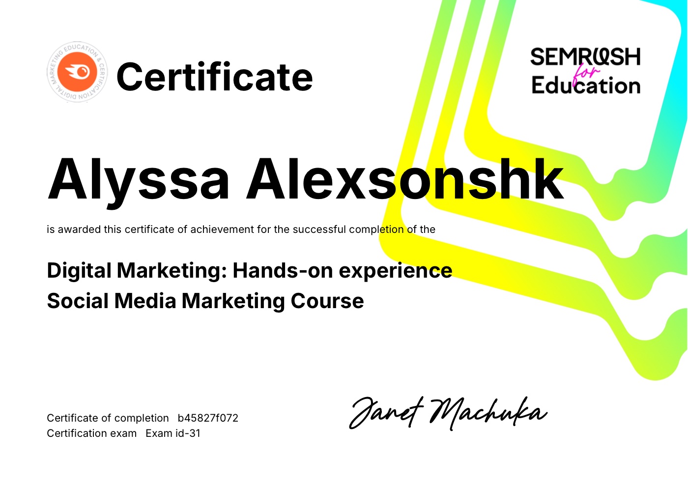 Semrush — Social Media Marketing (2024) certificate