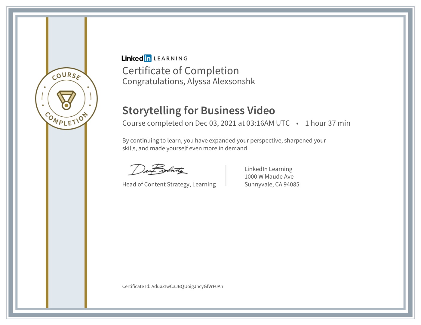 LinkedIn — Storytelling for Business Video (2021) certificate