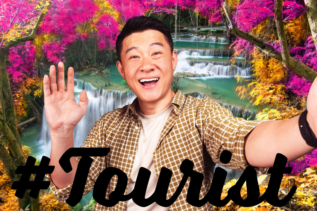 #Tourist waterfall composite with typography
