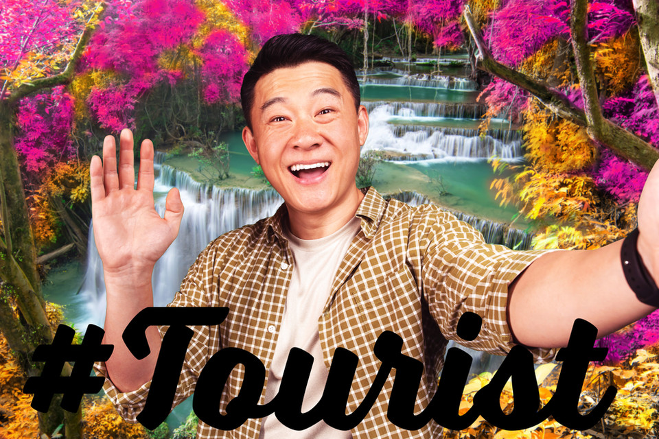 Playful #Tourist photo composite of a man taking a selfie in front of a waterfall